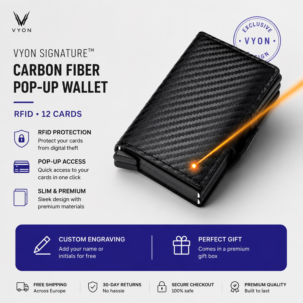 VYON Signature™ — Personalized Carbon Fiber Pop-Up Wallet (RFID · 12 Cards)
